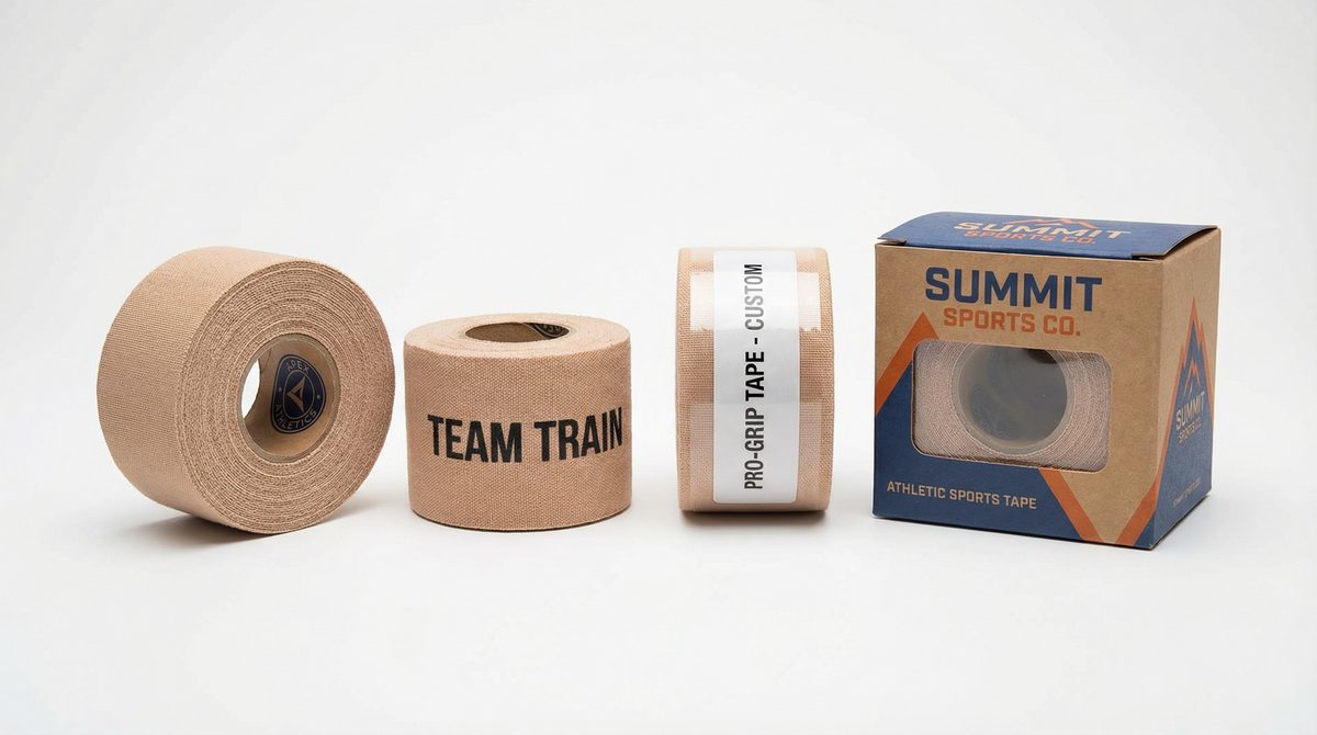 Different OEM customization options for sports tape including printed tube, fabric, stickers and packaging