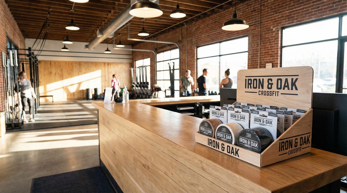 Modern gym front desk retail display with branded sports tape