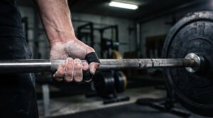 Athlete using hook grip tape on barbell — custom branded weightlifting tape OEM