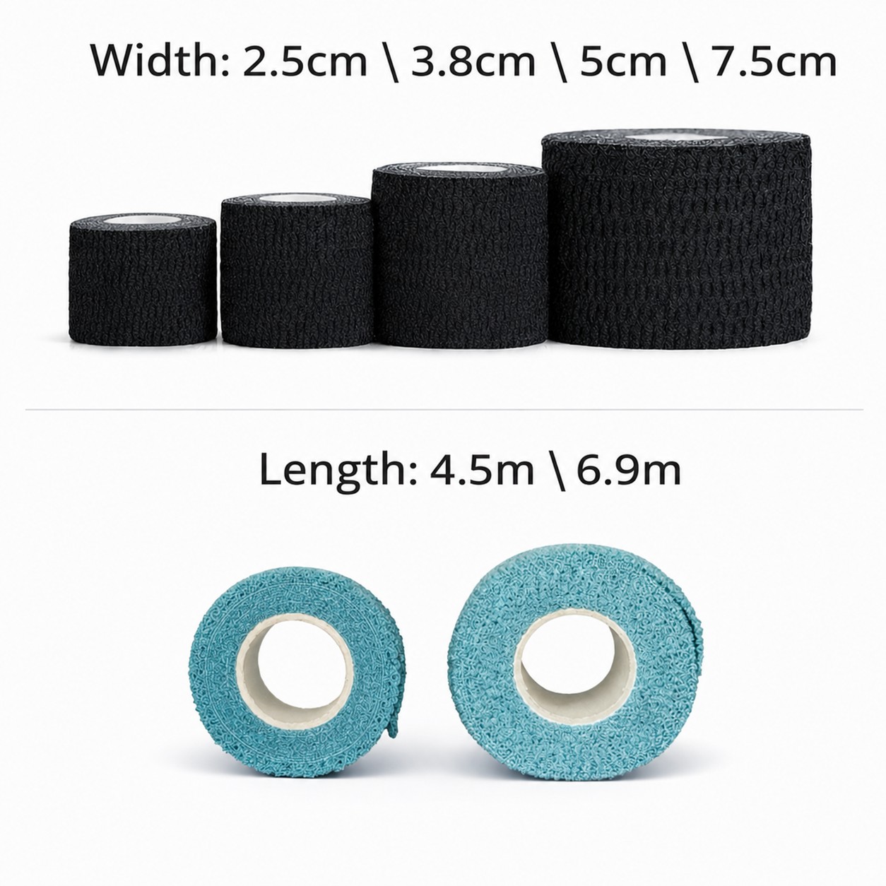 Weightlifting thumb tape dimensions: width 2.5cm to 7.5cm, length 4.5m to 6.9m