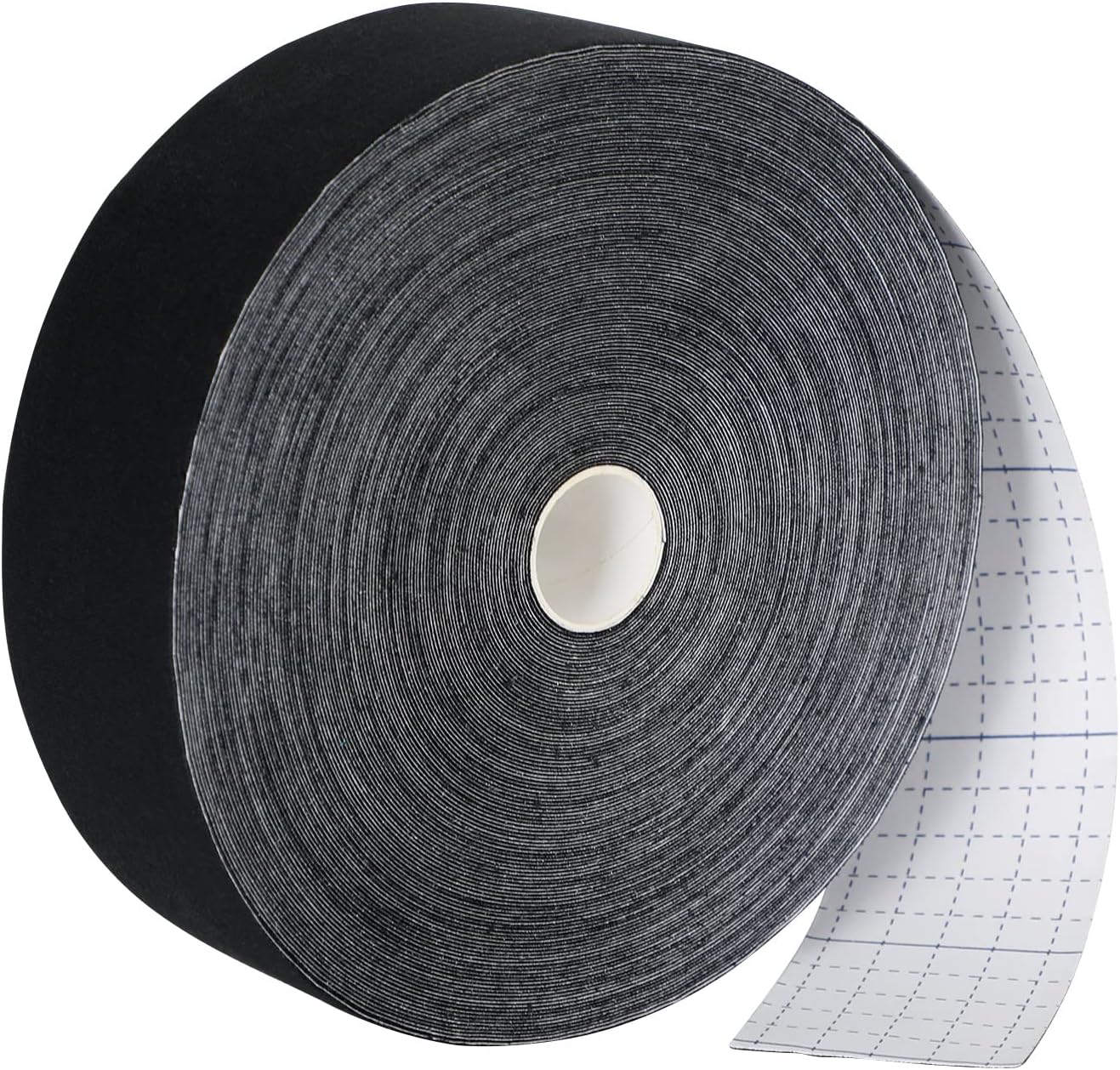 Black bulk kinesiology tape roll with white grid backing paper showing measurement lines