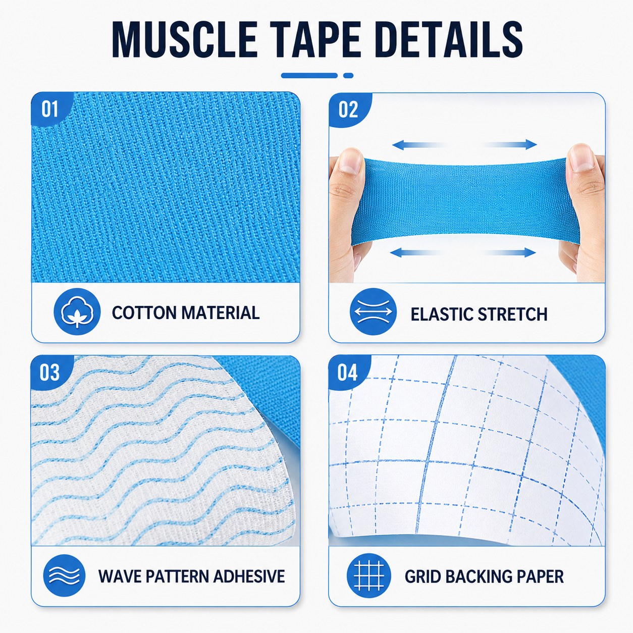 Kinesiology tape detail infographic showing cotton material, elastic stretch, wave pattern adhesive and grid backing paper