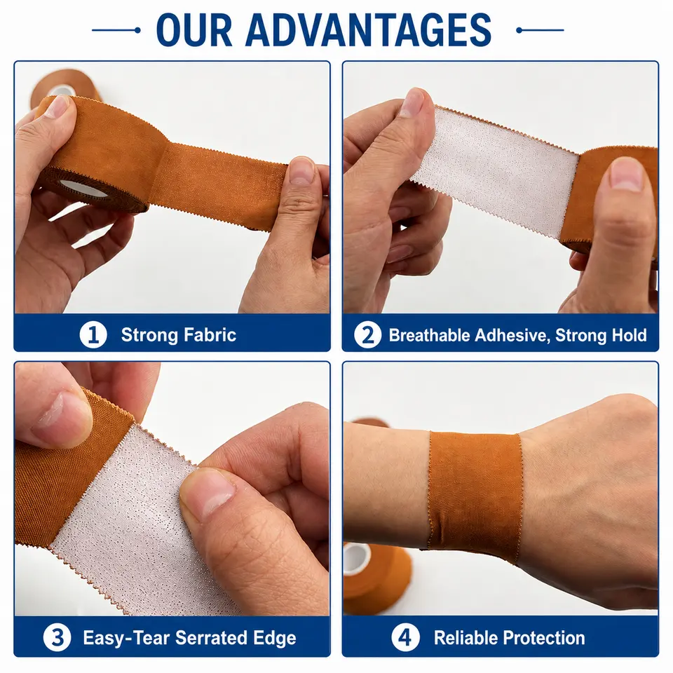 Four key advantages of rigid strapping tape: strong fabric, breathable adhesive with strong hold, easy-tear serrated edge, reliable protection