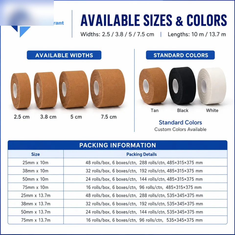 Available widths 2.5cm, 3.8cm, 5cm, 7.5cm and standard colors tan, black, white with full packing information table