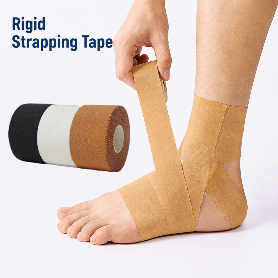 Rigid strapping tape applied to an ankle with figure-eight and stirrup wrapping