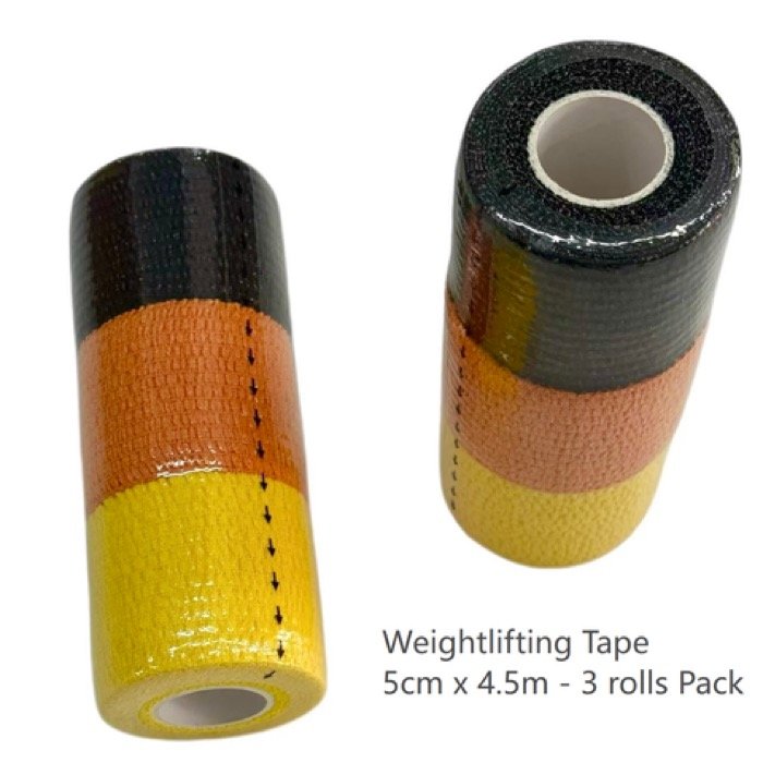 3-roll thumb tape pack: 5cm x 4.5m, black-orange-yellow rolls