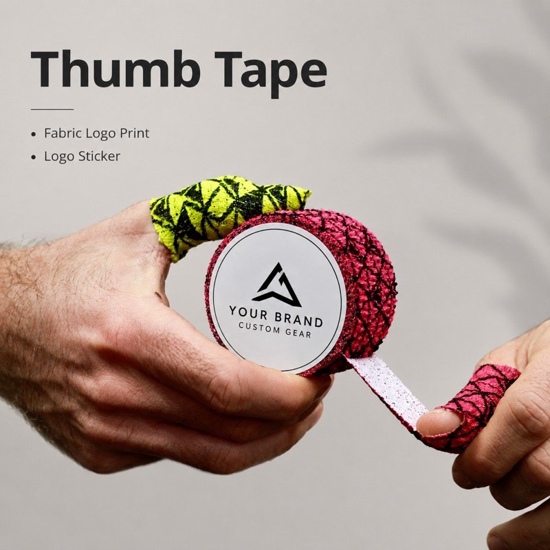 Custom logo demo: fabric logo print and logo sticker options for private label thumb tape